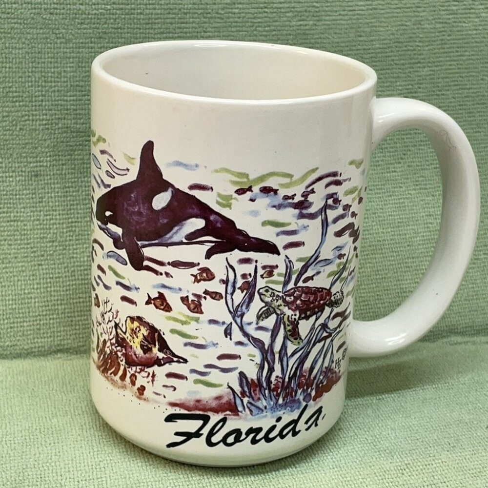 Vintage Florida Souvenir Coffee Mug /Cup. Ocean Scene With whales, fish, Turtles